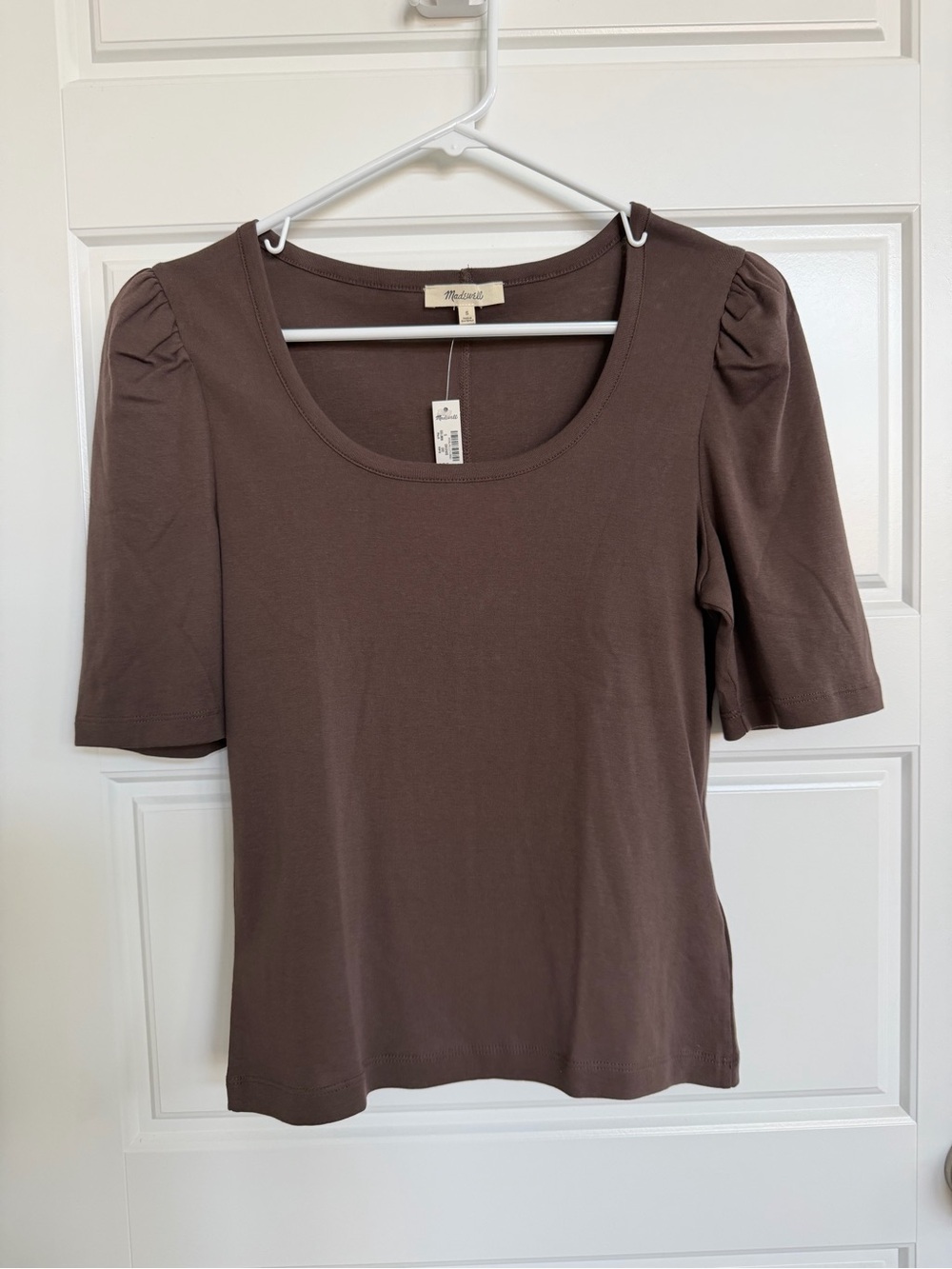 Madewell Puff Sleeve Scoop Neck Tee Brown Cotton Top Size S NWT - Picture 1 of 7